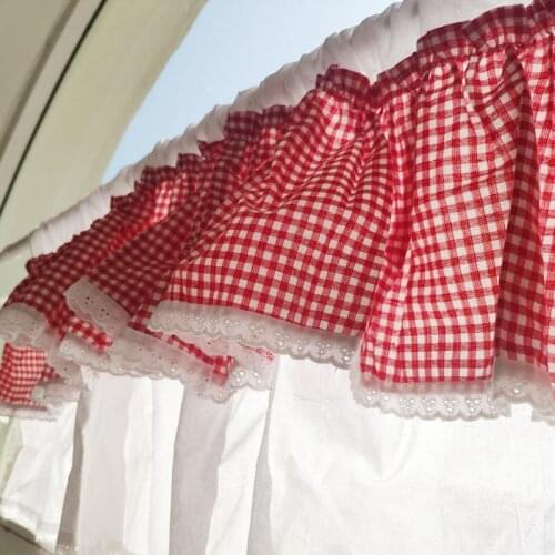 New red plaid pattern Cabinet Short curtain. Cotton double-layer fabric curtains. Decorative half curtain. Door curtain