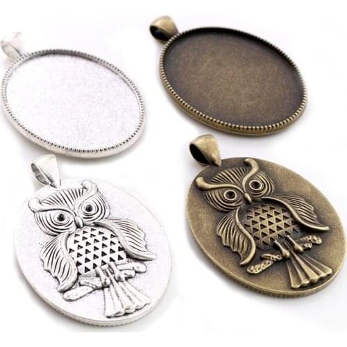 New Fashion 5pcs 30x40mm Inner Size Antique Bronze and Antique Silver Plated Owl Cabochon Base Setting Charms Pendant