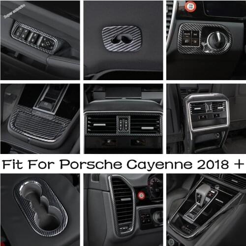 Carbon Fiber Look Armrest Window Lift / Hook / Headlamp Switches / Water Cup Holder Cover Trim For Porsche Cayenne 2018 - 2021