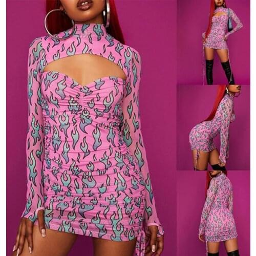 Sexy Sheer Dress Long Sleeve Pink Printed Hollow Drawstring Lace Skinny Pleated Mini Skirt Female
