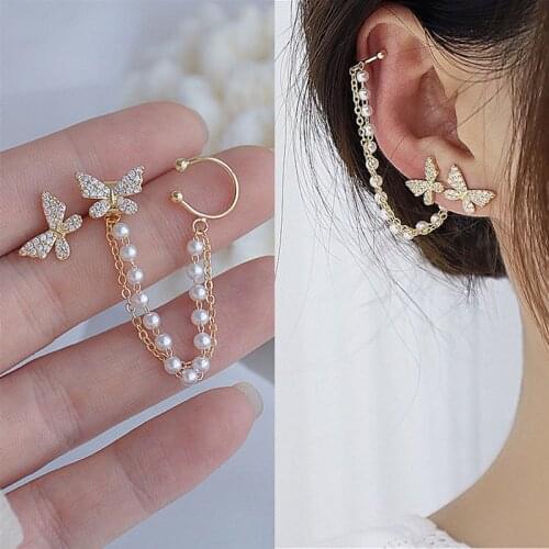Korean Elegant Cute Rhinestone Butterfly Stud Earrings For Women Girls Fashion Metal Chain Boucle D'oreille Jewelry Gifts