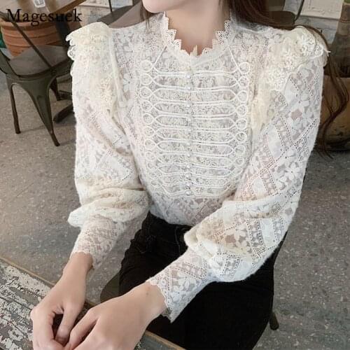 Crochet Embroidery Solid Lace Blouse Women Clothing 2021 Long Sleeve Vintage Shirts For Women Casual Fashion Blouses Tops 13300