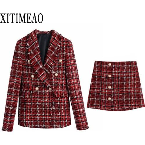 ZA Women 2021 Fashion Double Breasted Tweed Check Blazers Coat Vintage Female Outerwear High Waist Skirt 2-piece Set