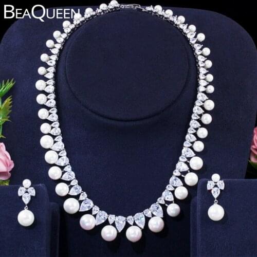 BeaQueen Gorgeous Water Drop Stones Big Round Pearl Wedding Costume Jewellery CZ Bridal Earrings Necklace Jewelry Sets JS225