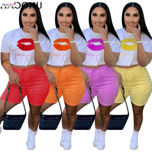 HAOOHU Womens Clothing Womens summer New Style Fashion Casual Short-sleeved Lip Printing Tie Casual Two-piece Suit