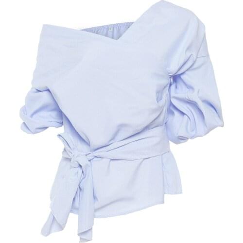 QA676 Sexy sideling V-neck off shoulder top women bandage puff sleeve white blouse short shirt tunic