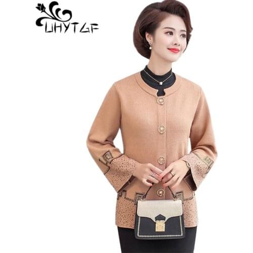 UHYTGF quality knitted spring autumn jacket women fashion single-breasted elegant tops casual short plus size cardigan women 994