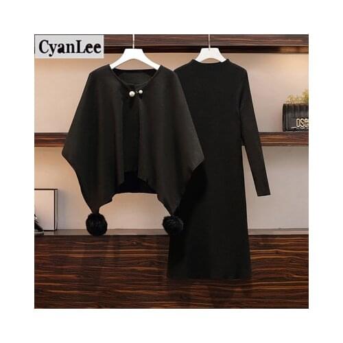 Cyanlee plus size women winter warm thick two piece set for women knitted top and long sleeve black vintage dresses sets