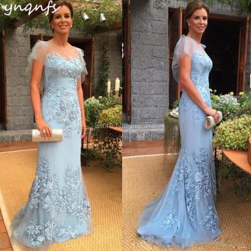 YNQNFS M158 Elegant Lace Robe de Soiree Mermaid Formal Dress Party Sky Blue Mother of the Bride Dresses with Sleeves 2019