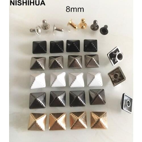 100 sets - Square 8mm Dot Pyramid Rivet Spike Studs For Garments,Gold,Silver,Black,White Metal Rivet Studs For Shoes,Bags Decor