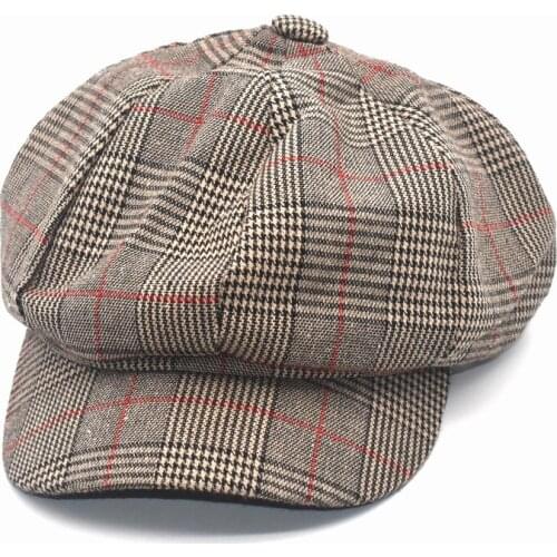 2020 New Lattice Retro Art Octagonal Hat Female Spring And Autumn Casual British Beret Wool Female Hat Detective Hat C4