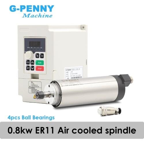 220V 800W ER11 Air cooled spindle motor 4 Pcs ball bearings Precision 0.01 Diameter 65mm & 1.5kw VFD Inverter