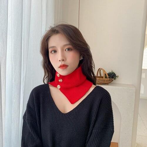 40GC Women Winter Buttons Decorative Turtleneck False Fake Collar Vintage Solid Color Knitted Warm Circle Scarf Windproof Neck