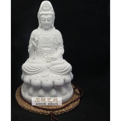 LARGE family Protection Talisman Lotus Guanyin Buddha FENG SHUI royal White marble engraving Sculpture statue 28.5cm