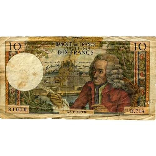 France 10 Francs, 1967-1973 Random Year Note, Used F-XF Condition, Expired, for Collection