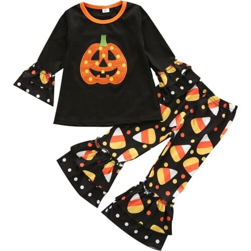 Lioraitiin 1-6Yeasr Newborn Fashion Kids Baby Girls Halloween Outfits Long Sleeve Cartoon Pumpkin Pattern Top and Pants 2pcs Set