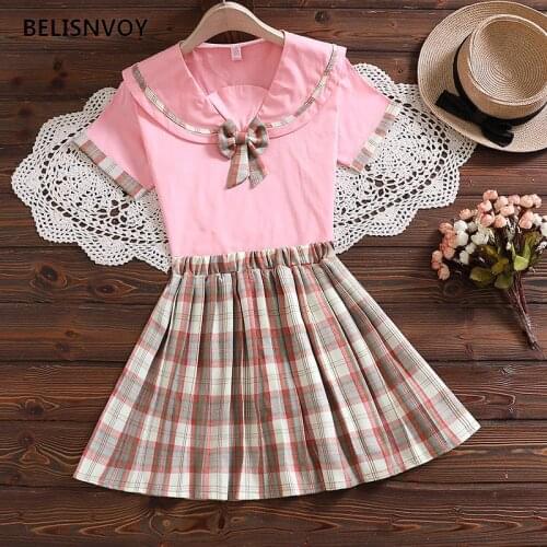 Japan Style Two Pieces Set Cute Sailor Collar With Rabbit Embroidery Crop Tops JK High Waist Mini Plaid Skirt Sweet EKawaii Set