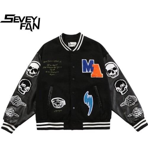 SEVEYFAN Mens Retro Skull Embroidery Suede Baseball Jacket Hip Hop PU Leather Patchwork Coat for Couples