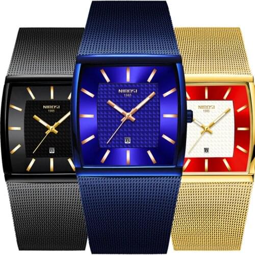 NIBOSI Square Watch Men Top-Brand Blue Business Men Watches Stainless Steel Waterproof Wristwatch Date Reloj Hombre
