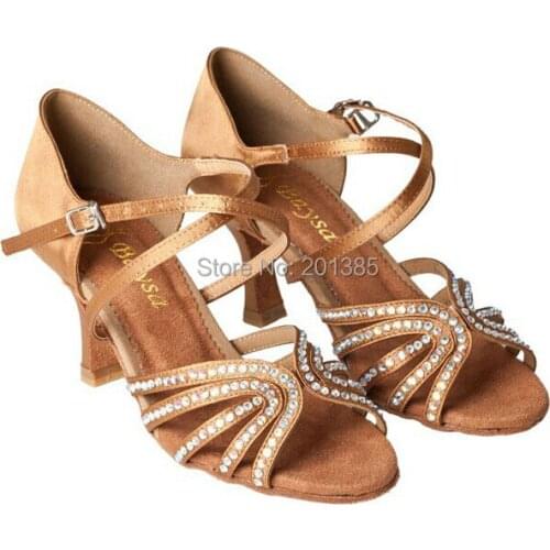 New Free Ship Girls Tan Satin Rhinestone Salsa Ballroom Dance Shoes Latin Dance Shoes ALL Size
