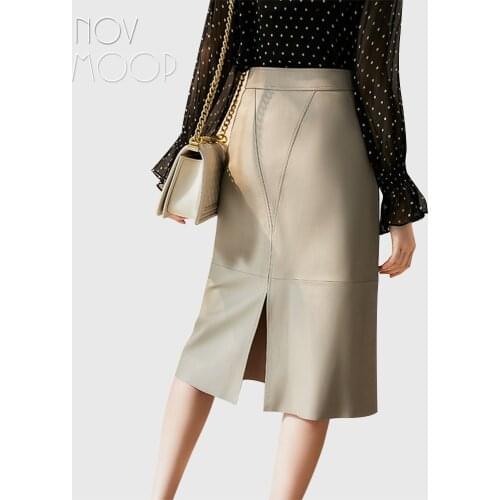 Novmoop Italy luxurious style ivory color sheepskin genuine leather reversible elegent women skirt LT3292