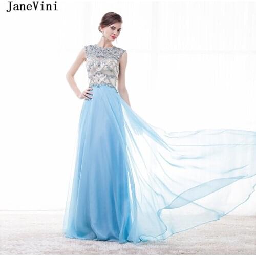 JaneVini Charming Light Sky Blue A Line Bridesmaid Dresses Luxury Beaded Crystal Backless Floor Length Chiffon Formal Prom Gowns
