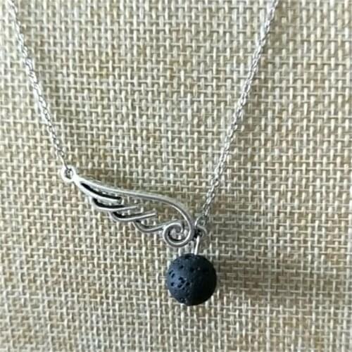 Angel Wing Black Lava Stone Bead Necklace Aromatherapy Essential Oil Perfume Diffuser Necklace Jewelry Collar Gift