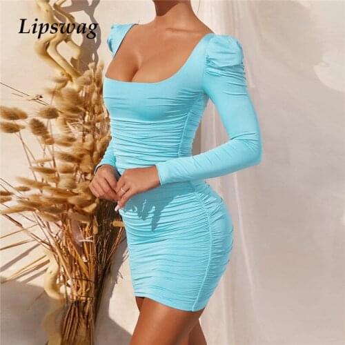 Sexy Women Square Collar Mini Dress 2021 Spring Elegant Draped Puff Shoulder Bodycon Party Dresses Ladies Solid Backless Vestido