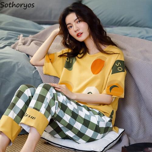 Pajamas Sets Women Korean Style Printed Plaid Full-length Nightwear Cute Student Soft Trendy Thin Loose Comfortable Leisure Chic