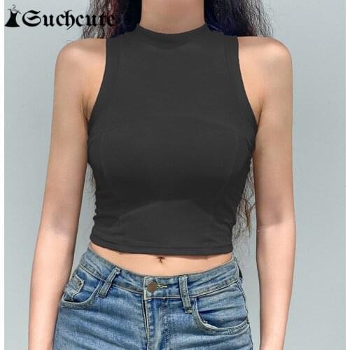 SUCHCUTE Casual Slim Outfits Tank Top For Women Summer Sleeveless Solid Color Knitted Top O-Neck Harajuku Fitness Basic Vests