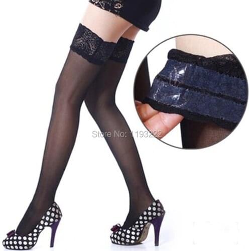 Multicolor Women Sexy Ultra-thin Sheer Hold up Silicone Transparent Lace Floral Over knee Stockings Slip-Resistant