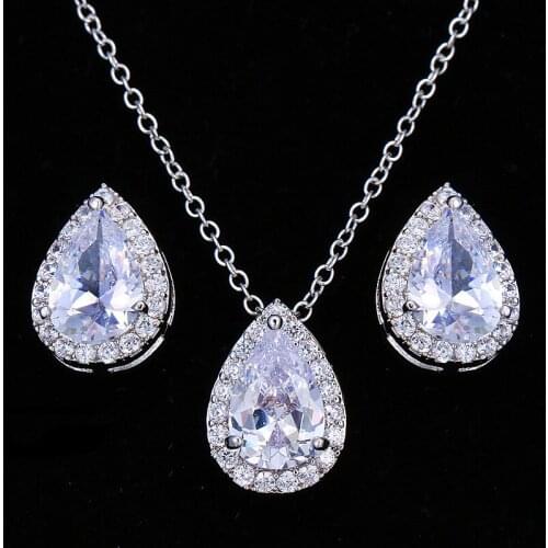 SLBRIDAL Austrian Rhinestone Teardrop Cubic Zircon Jewelry Set Bridal Wedding CZ Necklace Pendant Earring Set Fashion Jewelry