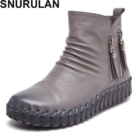 SNURULAN 2017 Autumn Fashion Womens boots Plus Size Genuine Leather Women Boots Pleated Ankle Boots Warm Soft Casual zapatos