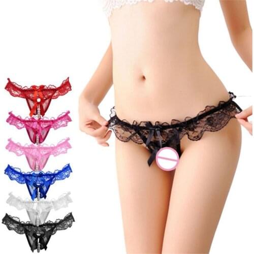 Sexy Crotchless Underwear Faux Pearl Womens G-String Thongs Briefs Panties Hot Erotic Women Lingerie String Lace Bowknot