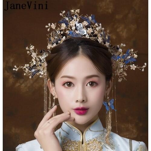 JaneVini Chinese Style Bridal Hair Sticks Pins Blue Butterflies Beaded Pearl Bride Tiaras Ancient Wedding Headpieces Earrings