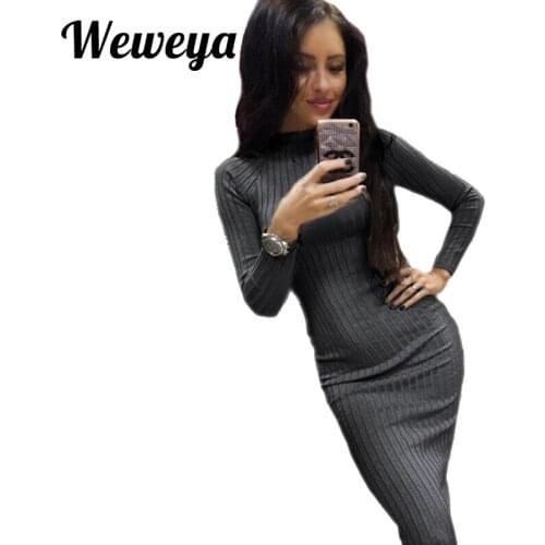 Weweya 2018 Spring Knitted Dress Sexy Full Sleeve Package Hips Party Dresses Women Office DressPlus Size Casual Long Vestidos