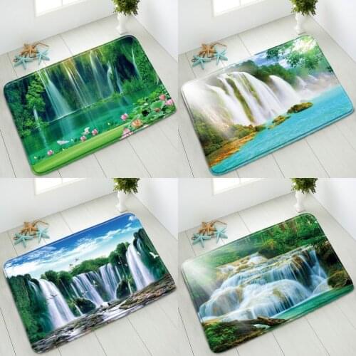 Waterfall Non-Slip Bathroom Mat Natural Scenery Green Forest Lotus Flowers Plant Mountain Bird Entrance Doormat Absorbent Carpet