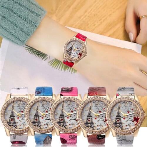 Geneva Womens Watch Tower Pattern Rhinestone Leather Band Analog Quartz Vogue Wrist Watches cheap wristwatches for women YE1