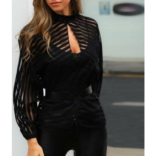 Women Sexy Mesh Sheer Hollow See Through Long Sleeve Blouse Top Stripe Fishnet Loose Shirt Wild Fashion Top for Spring