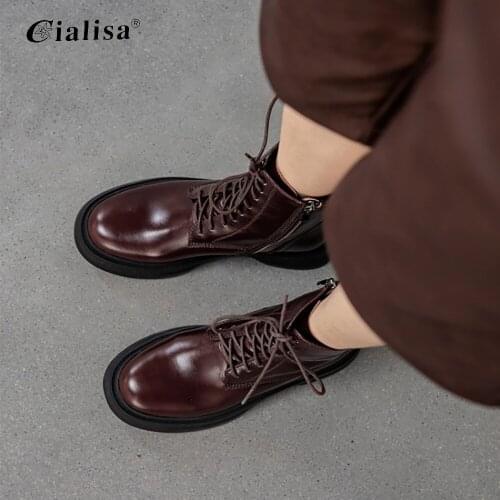 CIALISA Ankle Boot Women New Design Genuine Leather 2020 Fashion Chunky Heels Chelsea Boots Lace Up Women Shoes