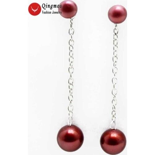 Qingmos Natural Pearl Earring for Women with Red 7-8mm Flat Round Pearl & Dangle 12mm Sea Shell Pearl Earrings Jewelry Ear558