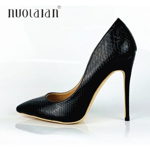 Women High Heel Shoes Black Snake Printed Shallow Shoes Woman Sexy Stilettos High Heels 12cm/10cm/8cm Pointed Toe Women Pumps