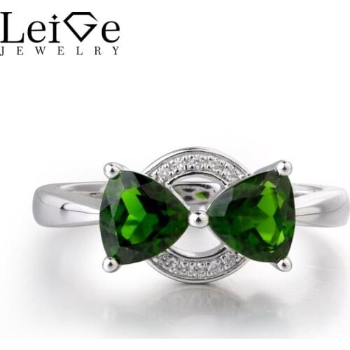 Leige Jewelry Real Green Diopside Gemstone Trillion Cut Cocktail Party Double Stones Rings For Woman 925 Sterling Silver