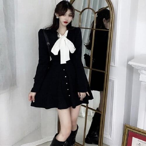 New Bow Solid Color Long Sleeve Dress Woman Dresses Vestido De Mujer Femme Robe
