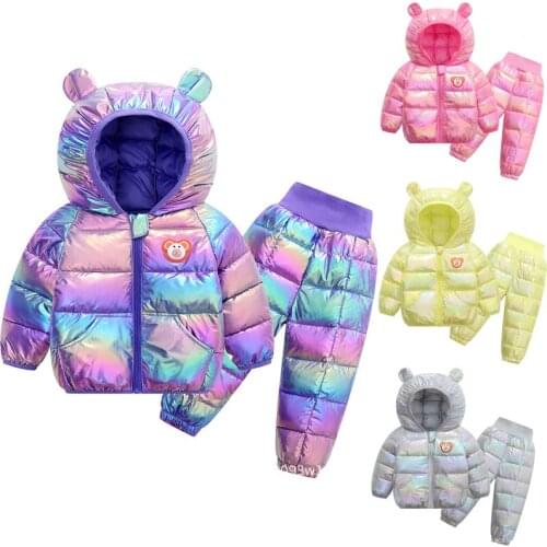 1 2 3 4 Years Winter Keeping Warm Girls Down Clothing Set Thick Cartoon Bear Colorful Hooded Jacket + Pants 2Pcs Suit For Kids