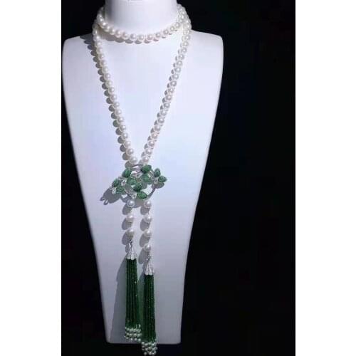 2 rows 8-9mm freshwater cultured pearl glass tassels micro inlay zircon accessories sweater necklace long 80cm