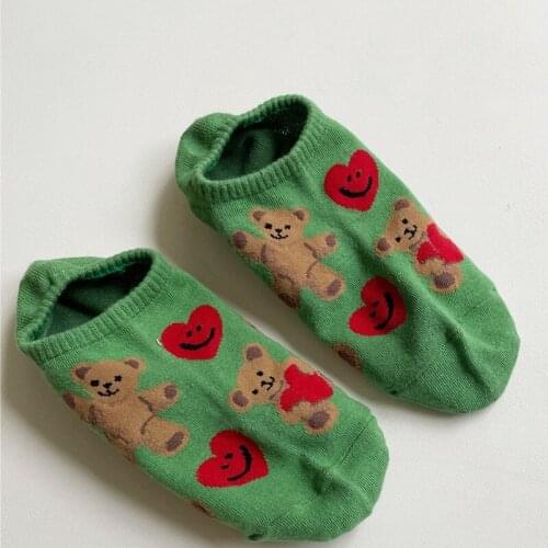 4pairs Women Summer Spring Cartoon Bear Boat Socks Low Cut Whit Black Grey Green Cotton Basic Invisble Kawaii Socks