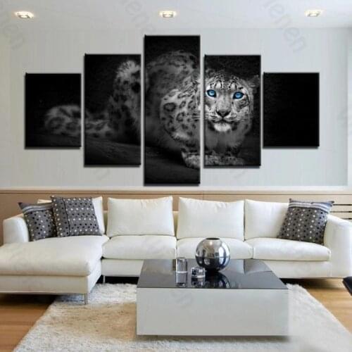 Black White Animal Leopard 5 Pieces Poster Beautiful Blue Eyes Animal Oil Painting Canvas Print Wall Art Room Decor Living Room