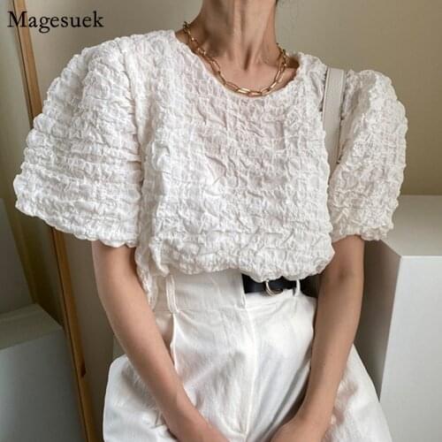 Blusas Vintage Loose Summer Blouse White Korean Pleated Bubble Sleeve Woman Shirt Chic 2021 Fashion O-neck Plus Size Tops 14700