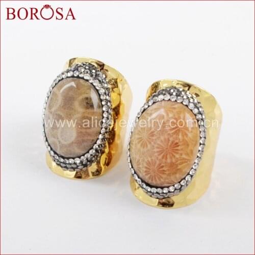 BOROSA 10pcs Chrysanthemum Rings Natural Coral Fossil Paved Rhinestone Ring Gold Electroplated Drusy Ring Druzy Jewelry JAB623